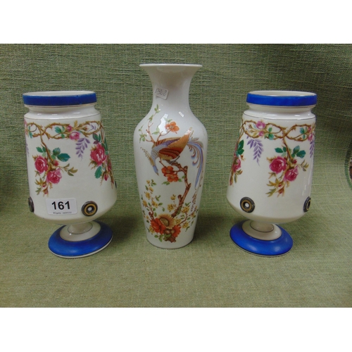 161 - Pair of floral decorated opaque glass vases, and a German porcelain vase.