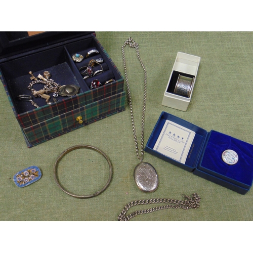 166 - Lowe & Sons silver napkin ring in box, Halycon Enamel patch box, and a jewellery box with contents.