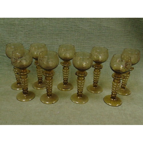 170 - Set of seven Hock glasses with engraved bowls.