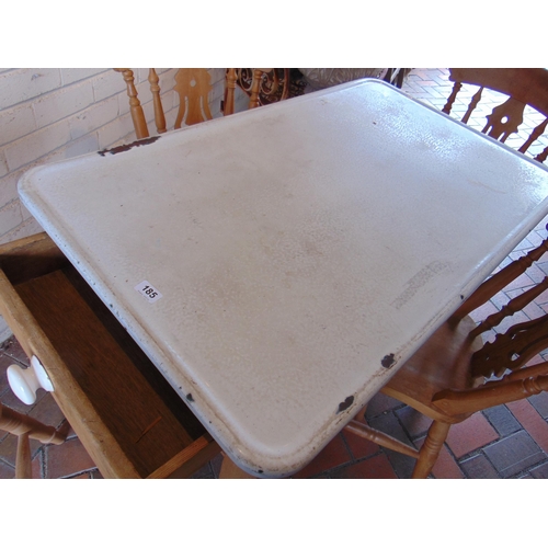 185 - Pine kitchen table, rectangular enamel top, end drawer and four splat back chairs.