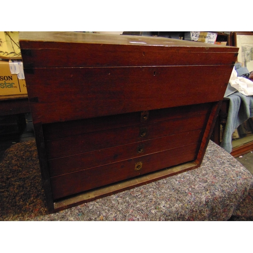 191 - Teak table top specimen chest, lift up lid, four drawers with brass handles. 17 x 22 x 15