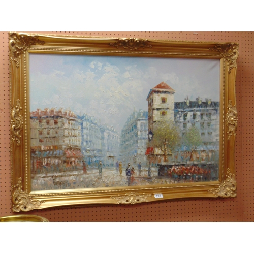 193 - Gilt framed oil painting on canvas, Continental street scene. 23 x 36.5