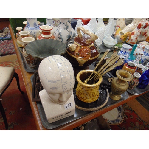 203 - Antique tobacco jar, reproduction phrenology bust, etc.