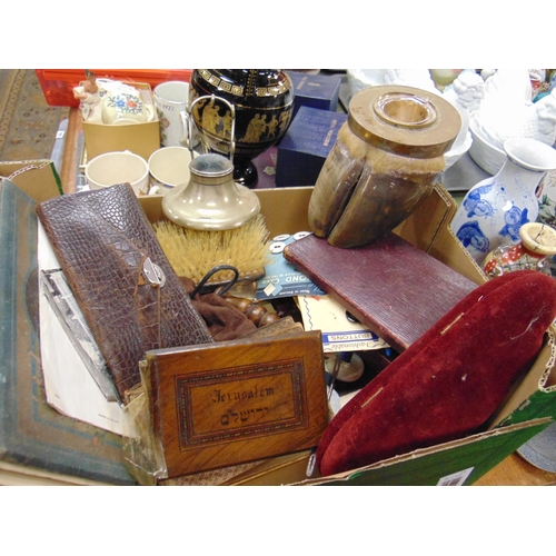 222 - Box of trinkets, to include silver back brush, cork screw, ephemera, etc.