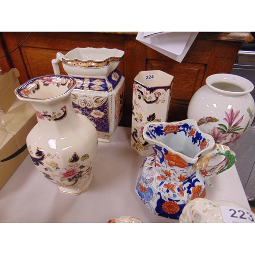 224 - Two Mason's Mandalay pattern vases, reproduction jug, one other and a Portmeirion vase.