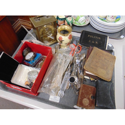 228 - Various trinkets, to include coins, pocket watch, plated cutlery, etc.