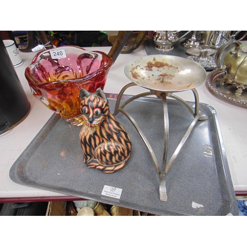 240 - Studio red glass vase, plated candle holder and a wooden cat figure.