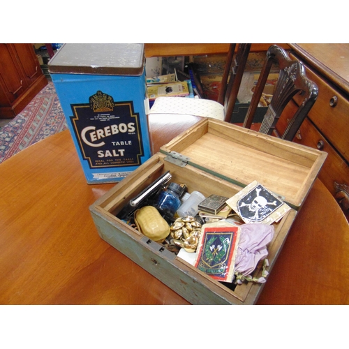 255 - Painted wooden box, containing a quantity of trinkets, and a vintage tin.