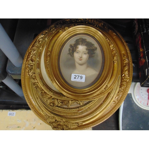 279 - Selection of oval gilt framed and glazed pictures.