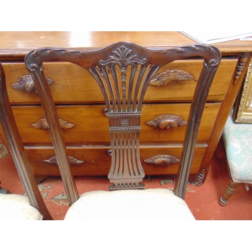 294 - Pair of Edwardian side chairs, pierced splat backs, stuff over seats and on cabriole supports.