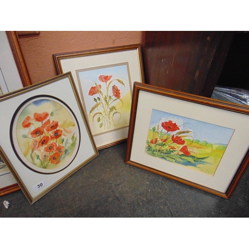 30 - Gerry Wilson, three framed and glazed watercolours, Poppies.