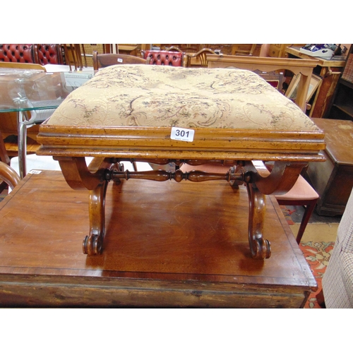 301 - Good 19th century stool, upholstered square form top, x shaped supports joined by a double stretcher... 