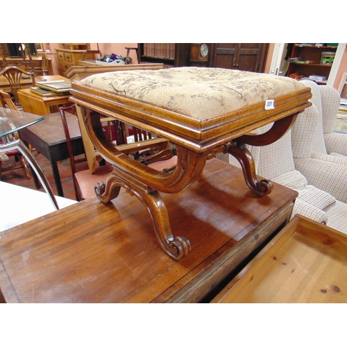 301 - Good 19th century stool, upholstered square form top, x shaped supports joined by a double stretcher... 