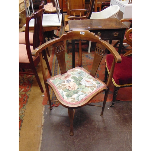 313 - Inlaid beech corner chair, pierced splat back, upholstered seat, on turned supports and stretchers.