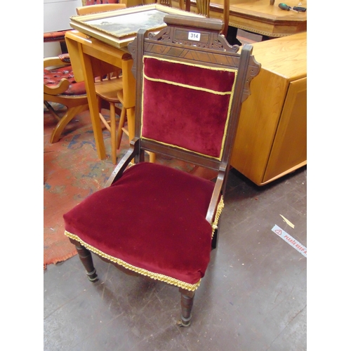 314 - Edwardian side chair, upholstered back and seat, on turned frontal supports.