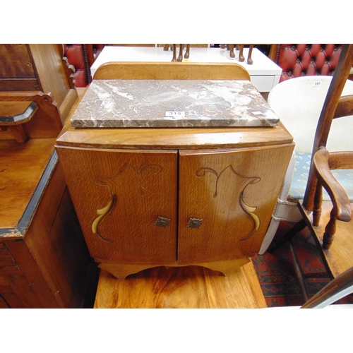 315 - Small marble topped double door cabinet, raised back and on shaped supports.  23 x 19 x 11