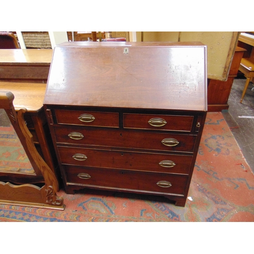 337 - Antique mahogany bureau, fall front revealing a fitted interior, two short and three long drawers wi... 