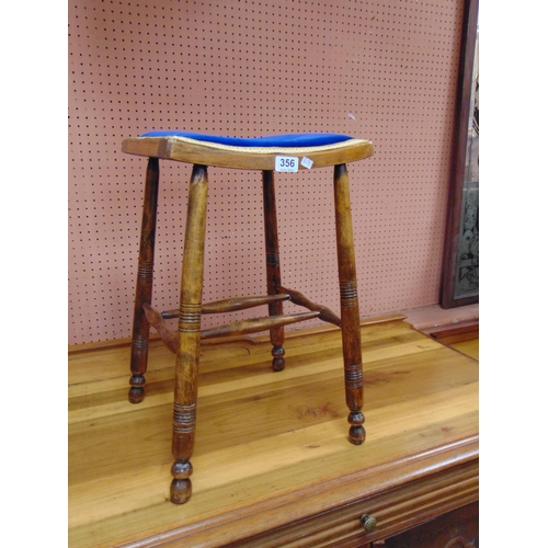 356 - Stained beech stool, upholstered top, on turned supports and stretchers.