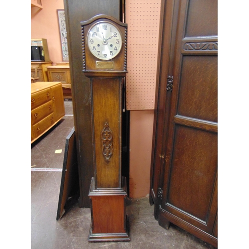 366 - An oak granddaughter clock, having Arabic numerals.