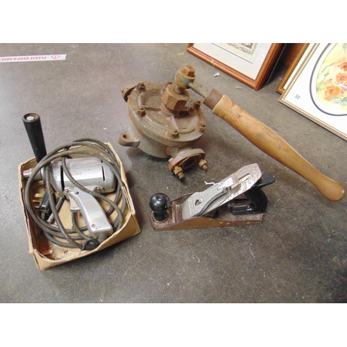 39 - Stanley wood plane, vintage hand pump etc.