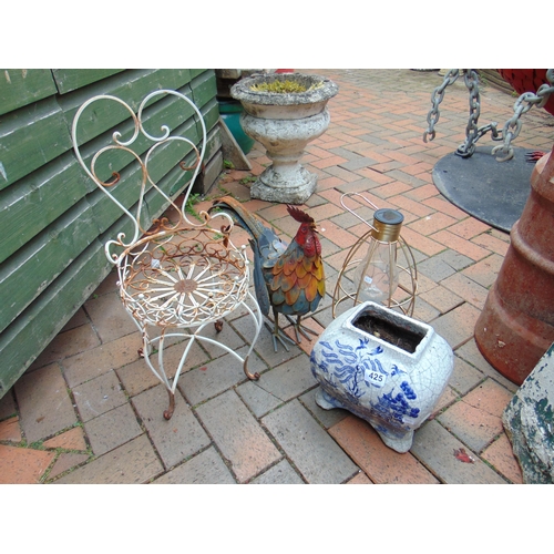 425 - Blue and white jardiniere, miniature garden chair, cockerel figure and a solar lantern. (4).