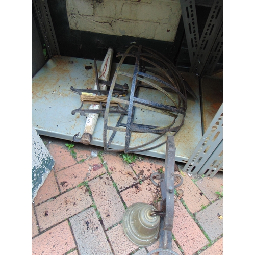 427 - Antique yolk, pair of wall baskets, string measure and a porch bell.