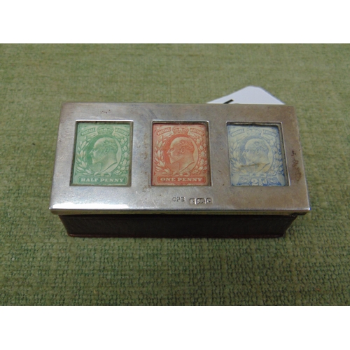 5 - Edwardian silver mounted Moroccan leather stamp box, the cover inset with Half Penny, One Penny and ... 