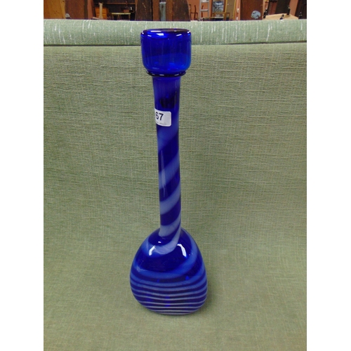 67 - Tall blue and white glass decanter with stopper, 21