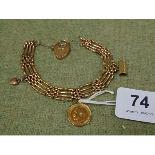 74 - 1914 gold Half Sovereign, on a 9ct gold gate bracelet with heart shaped padlock and safety chain, 21... 