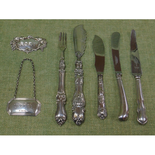 9 - Silver wine label, Sherry, silver butter knife etc.