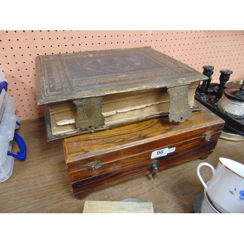 96 - Antique Welsh Bible and a wooden cutlery box.