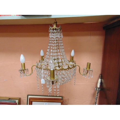 30a - Gilt metal five branch chandelier with cut glass drops, 22