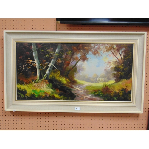 103 - Oilpainting on canvas, woodland scene, indistinctly signed, label on reverse Alegardy (French), also... 