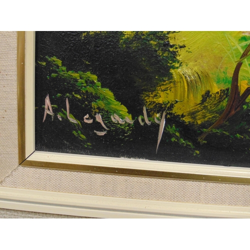 103 - Oilpainting on canvas, woodland scene, indistinctly signed, label on reverse Alegardy (French), also... 