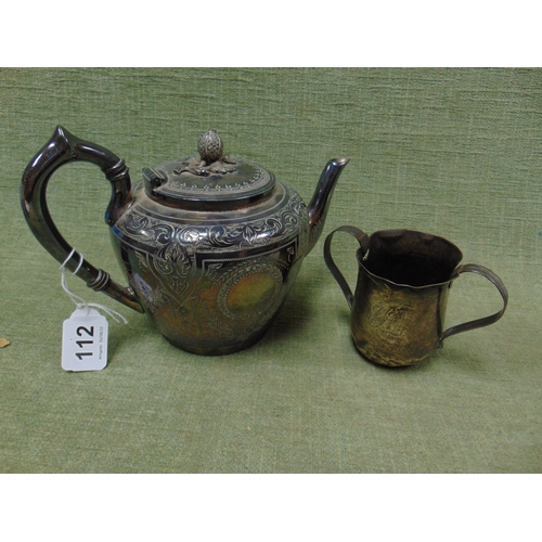 112 - Georgian silver two handled mug, 2.9ozt (f), and an EPBM teapot.