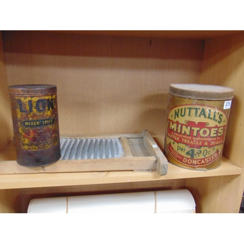 279 - Vintage Nuttall's Mintoes tin, Mixed Spice tin and a miniature washboard. (3).