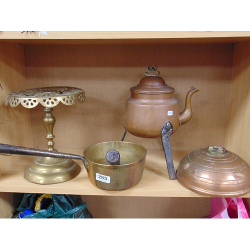 285 - Antique brass kettle stand, saucepan, copper bed warmer, etc.