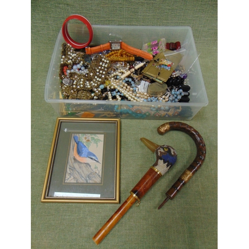 37 - Various jewellery and collectables incl. a Cash's woven picture, beadwork duck's head parasol handle... 