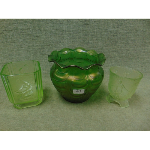 41 - Loetz style iridescent green glass jardiniere (f), and two Art Deco pressed green glass vases.