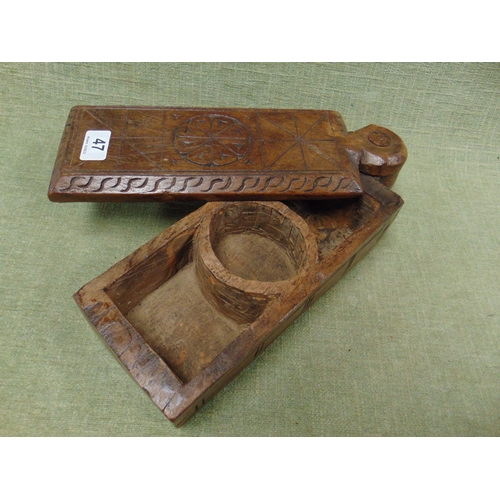 47 - Antique primitive carved walnut box with swivel top and three compartments to the interior, 13 x 5 x... 