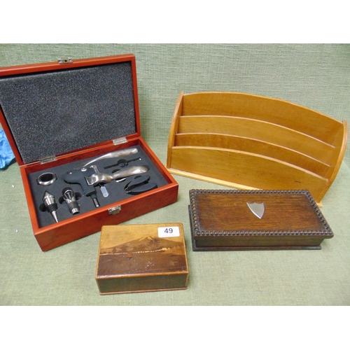 49 - Japanese inlaid puzzle box containing small Cowry shells, Edwardian oak box, oak letter rack, and a ... 