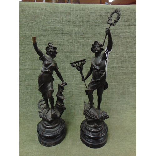 53 - Pair of French spelter figures on painted wooden bases (f).