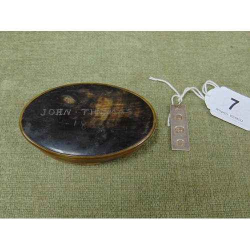 7 - Antique oval horn snuff box, the cover engraved John Thomas 1883, 3.75 x 2.25