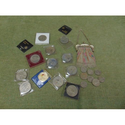 75 - Antique purse, various coins, commemorative Crowns etc