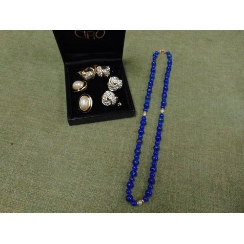 77 - Vintage lapis lazuli and pearl necklace with gold fittings, and a pair of Ciro clip on earrings.