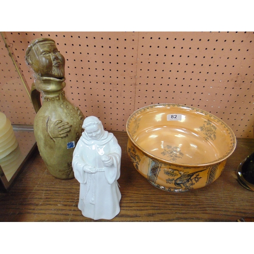 82 - Lustre glazed bowl, ceramic figure of a monk etc.