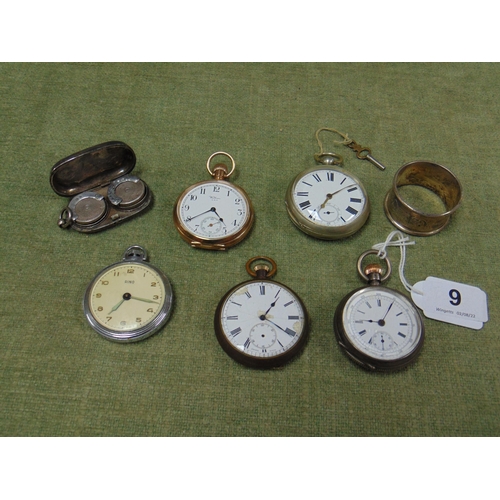 9 - Five antique pocket watches, silver napkin ring and a silver double Sovereign case.