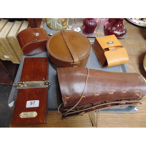 97 - Leather collar box, vintage tie press etc.