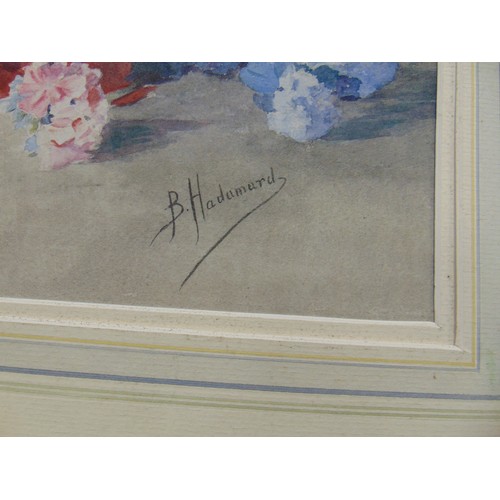 224 - Hadamard, unframed watercolour, still life of flowers, signed, oil on canvas, and a colour print.(3)... 