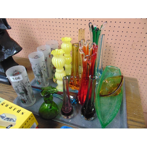 106 - Various studio coloured glass vases, set of four decorative tumblers, etc.